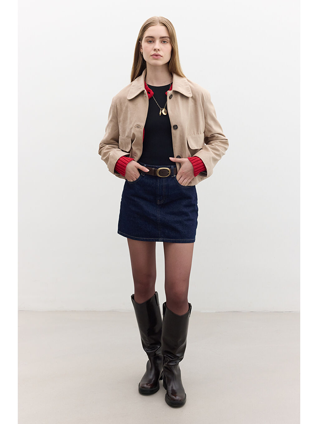 Bej Suni Süet Kısa Ceket Kum-1