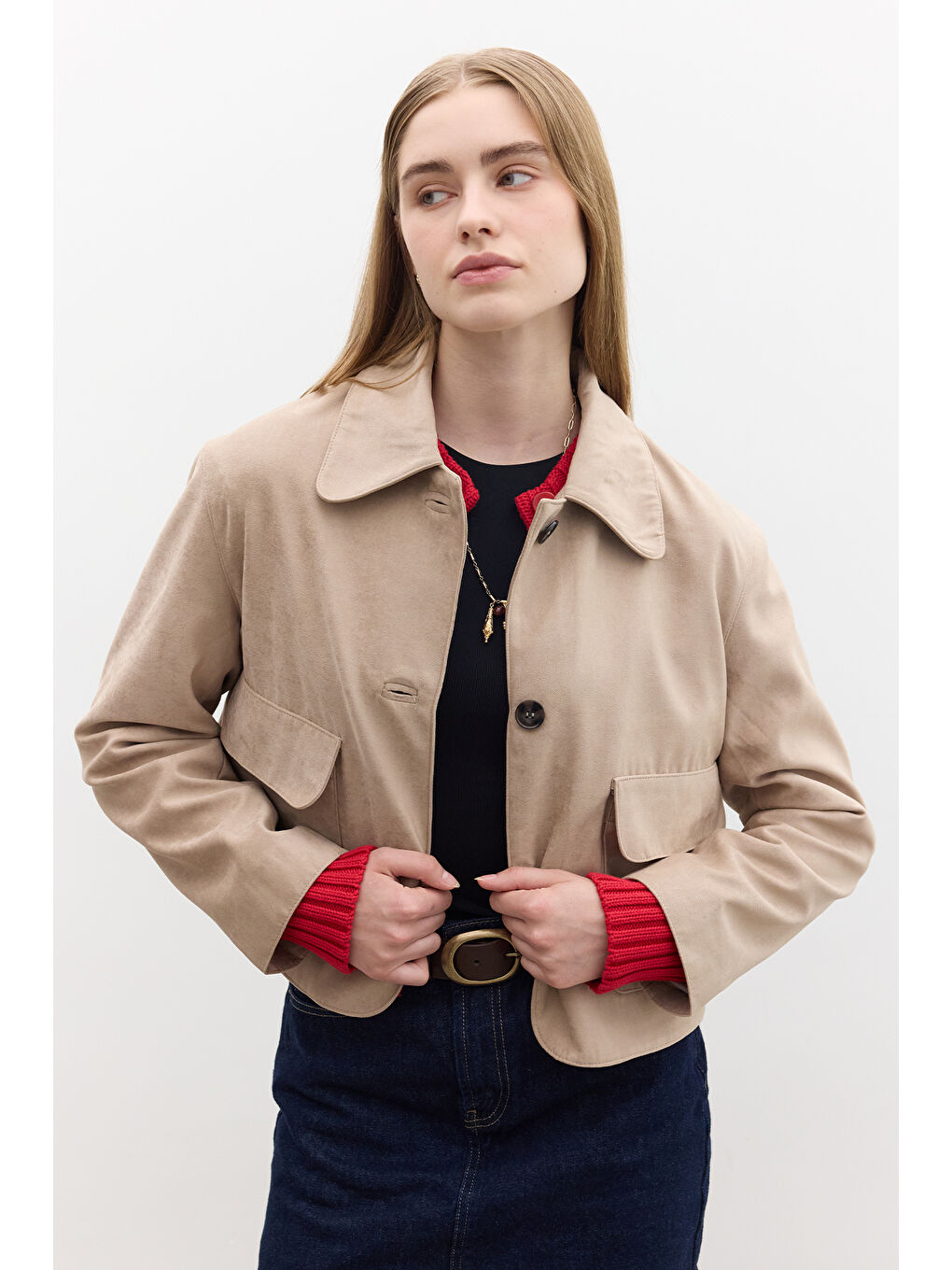 Bej Suni Süet Kısa Ceket Kum-2