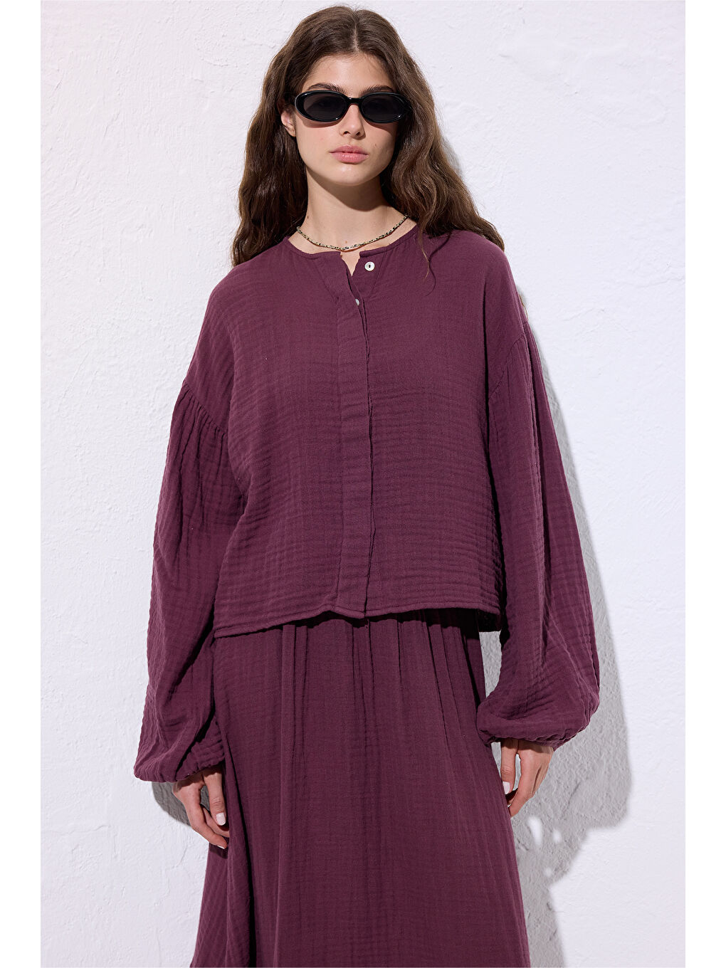 Müslin Balon Kol Kısa Bluz Mürdüm-1