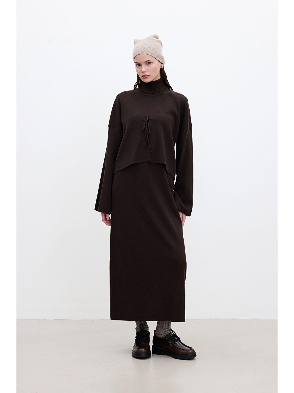 Bağcıklı Triko Hırka Kahverengi-1