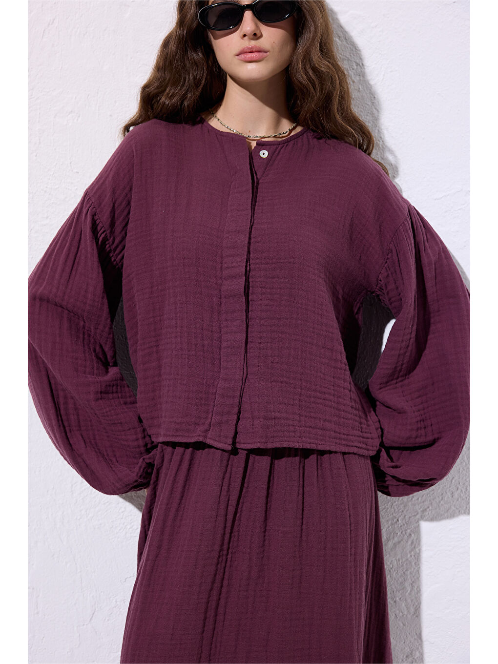 Müslin Balon Kol Kısa Bluz Mürdüm-2