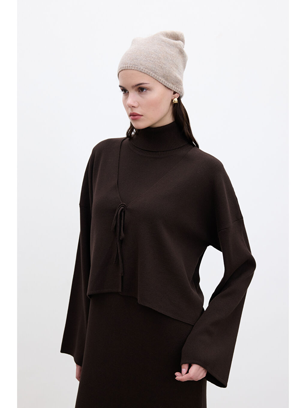 Bağcıklı Triko Hırka Kahverengi-2