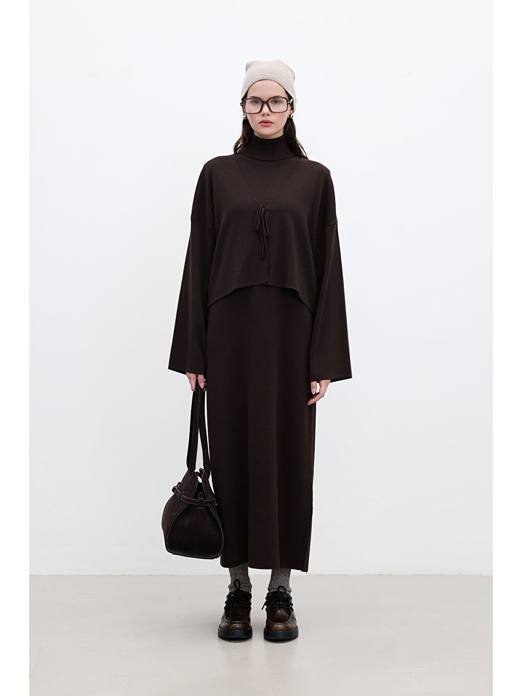 Bağcıklı Triko Hırka Kahverengi-3