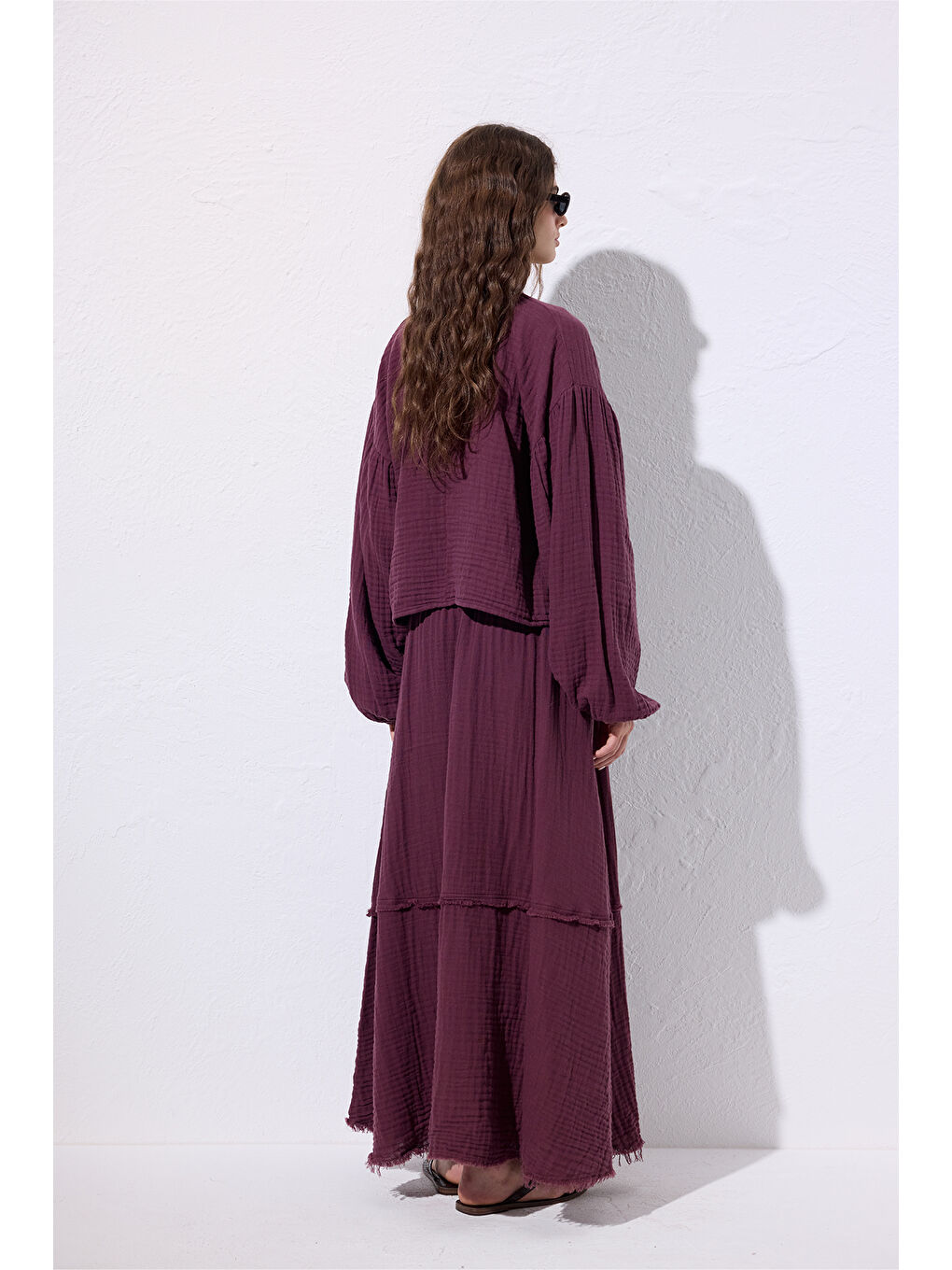 Müslin Balon Kol Kısa Bluz Mürdüm-3