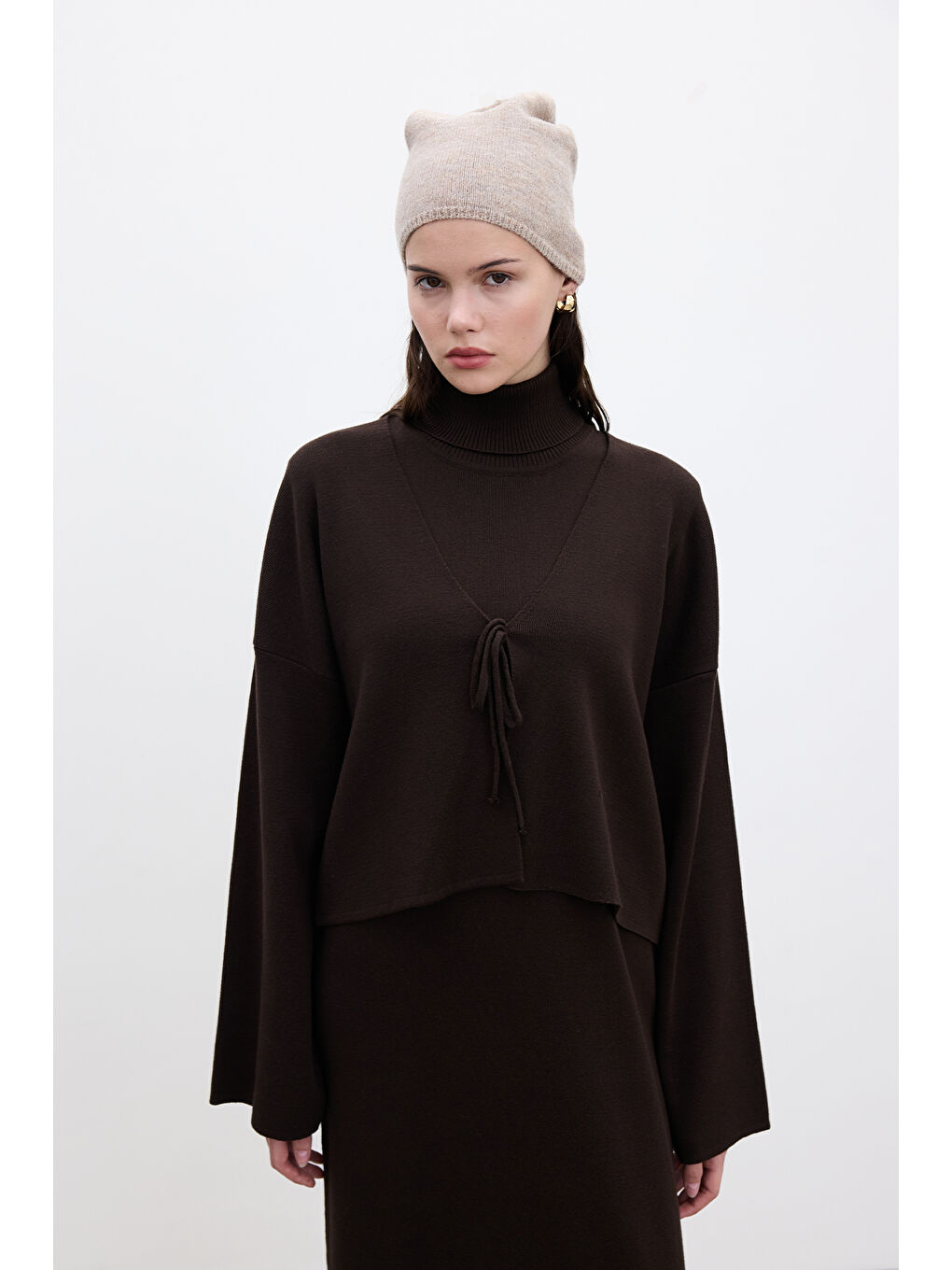 Bağcıklı Triko Hırka Kahverengi-5