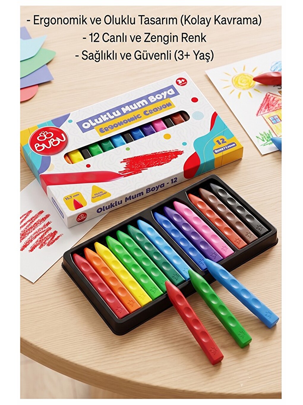 Oluklu Mum Boya 12 Li 1 Paket Bubu 12 Renk Mumboya Elleri Kirletmeyen Yıkanabilir Silinebilir Karton-1