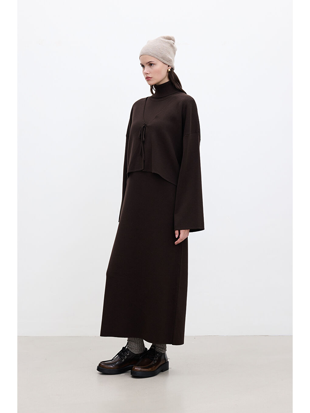 Bağcıklı Triko Hırka Kahverengi-6