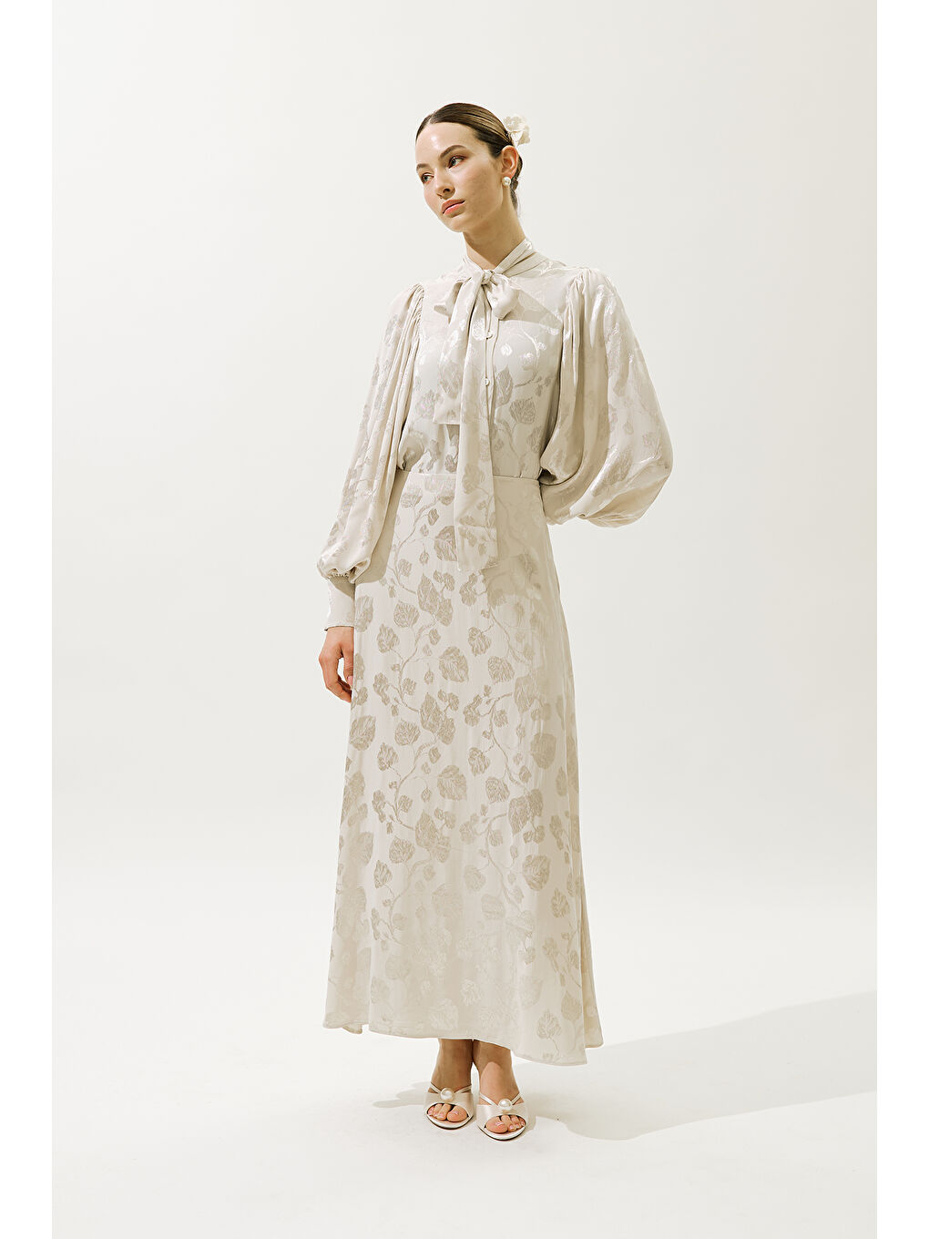 Bej Jakarlı Saten Gömlek Vanilya-5