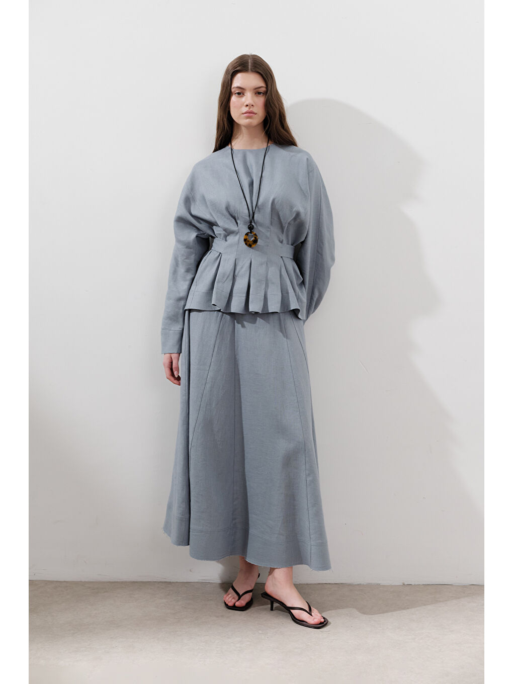 Keten Geniş Parçalı Etek Mavi