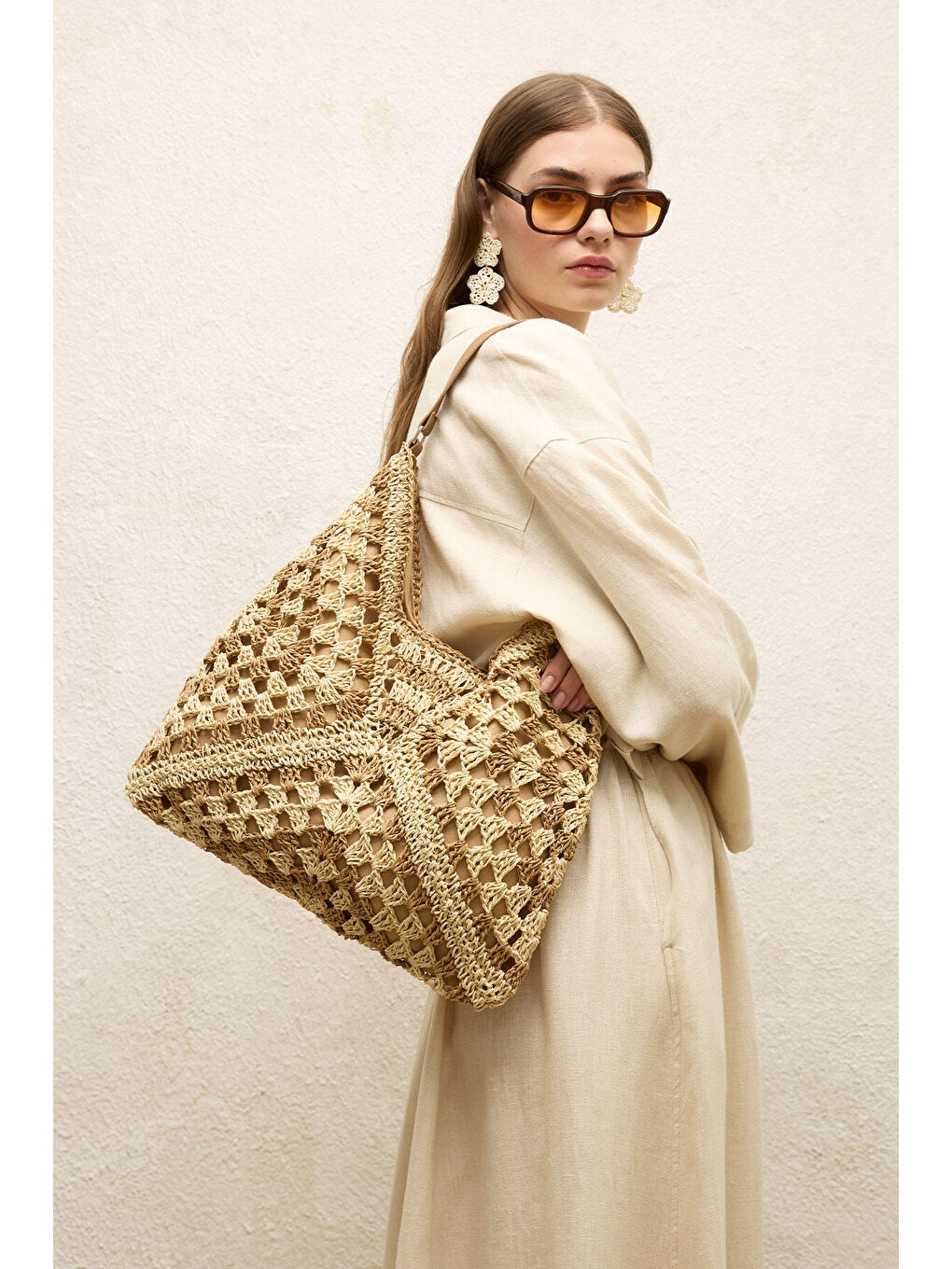 Desenli Hasır Kol Çantası Bej-2