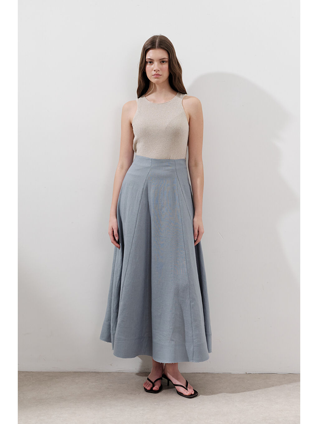 Keten Geniş Parçalı Etek Mavi-1