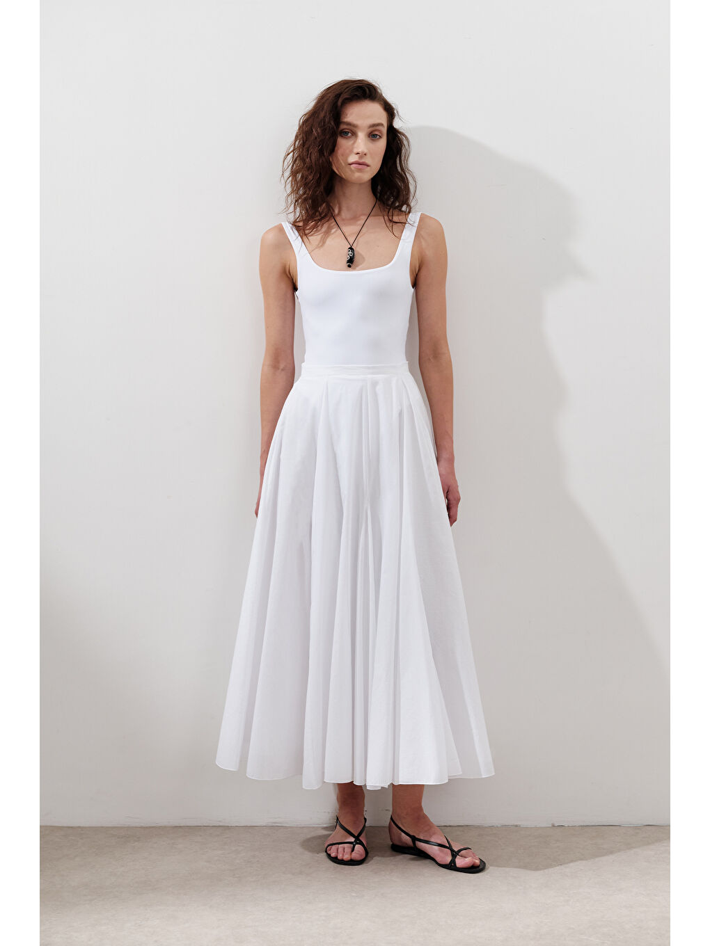 Parçalı Geniş Pamuklu Etek Ekru-4