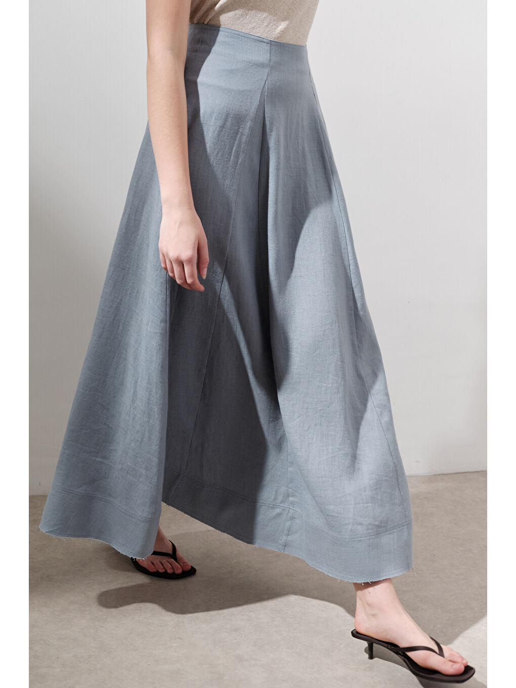 Keten Geniş Parçalı Etek Mavi-3