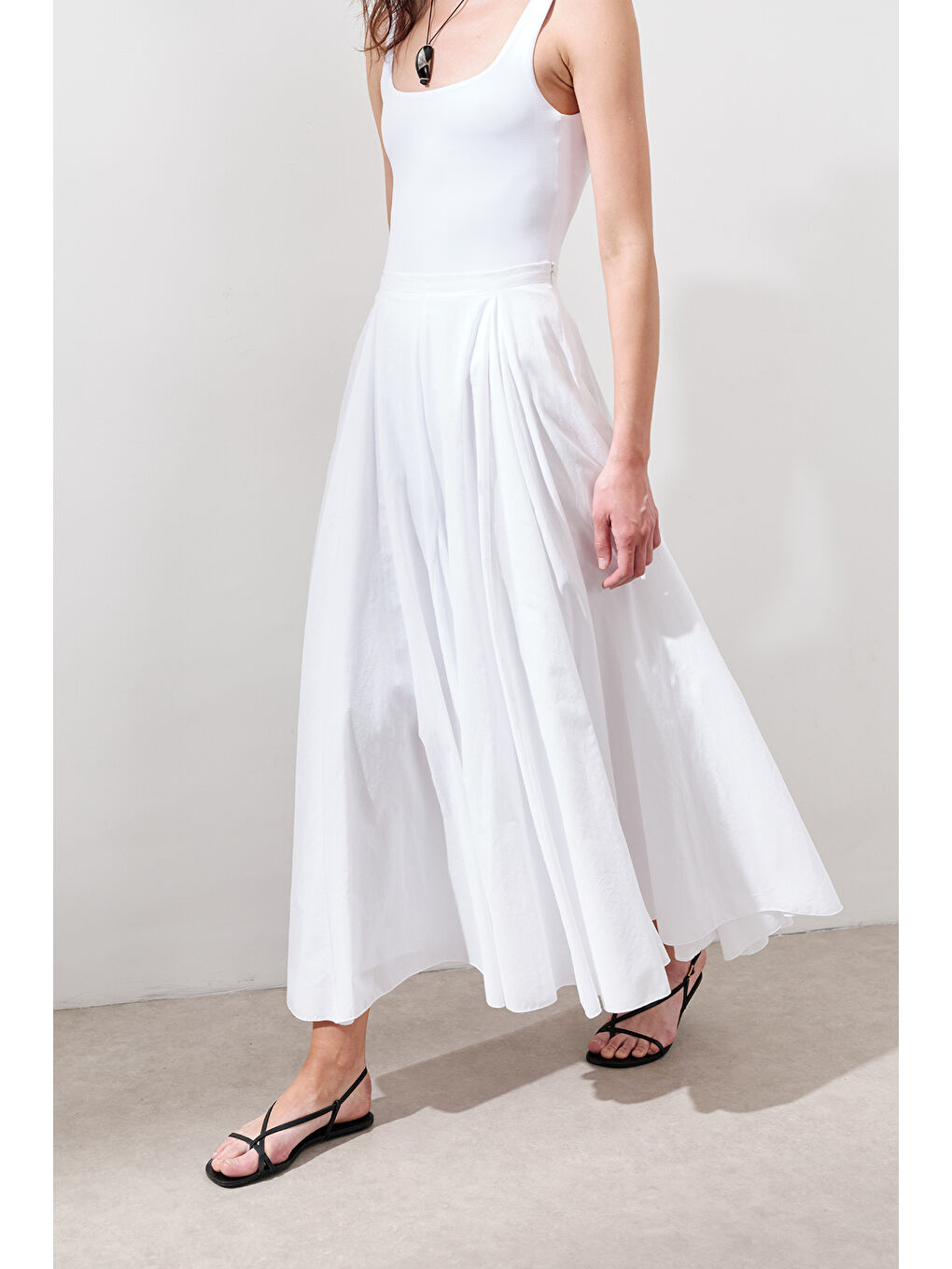 Parçalı Geniş Pamuklu Etek Ekru-5