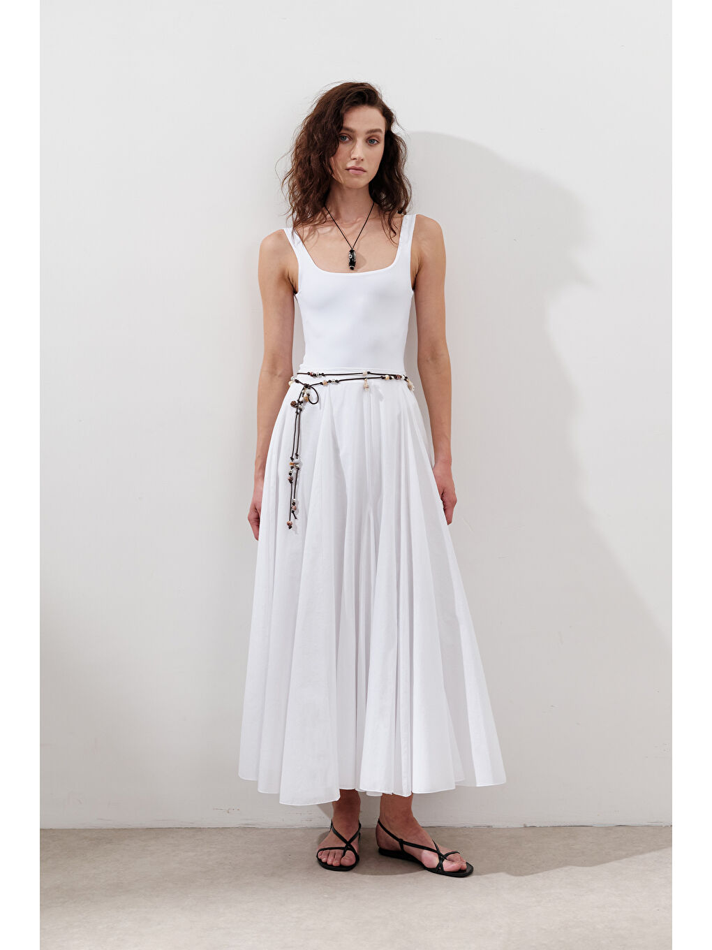 Parçalı Geniş Pamuklu Etek Ekru-6