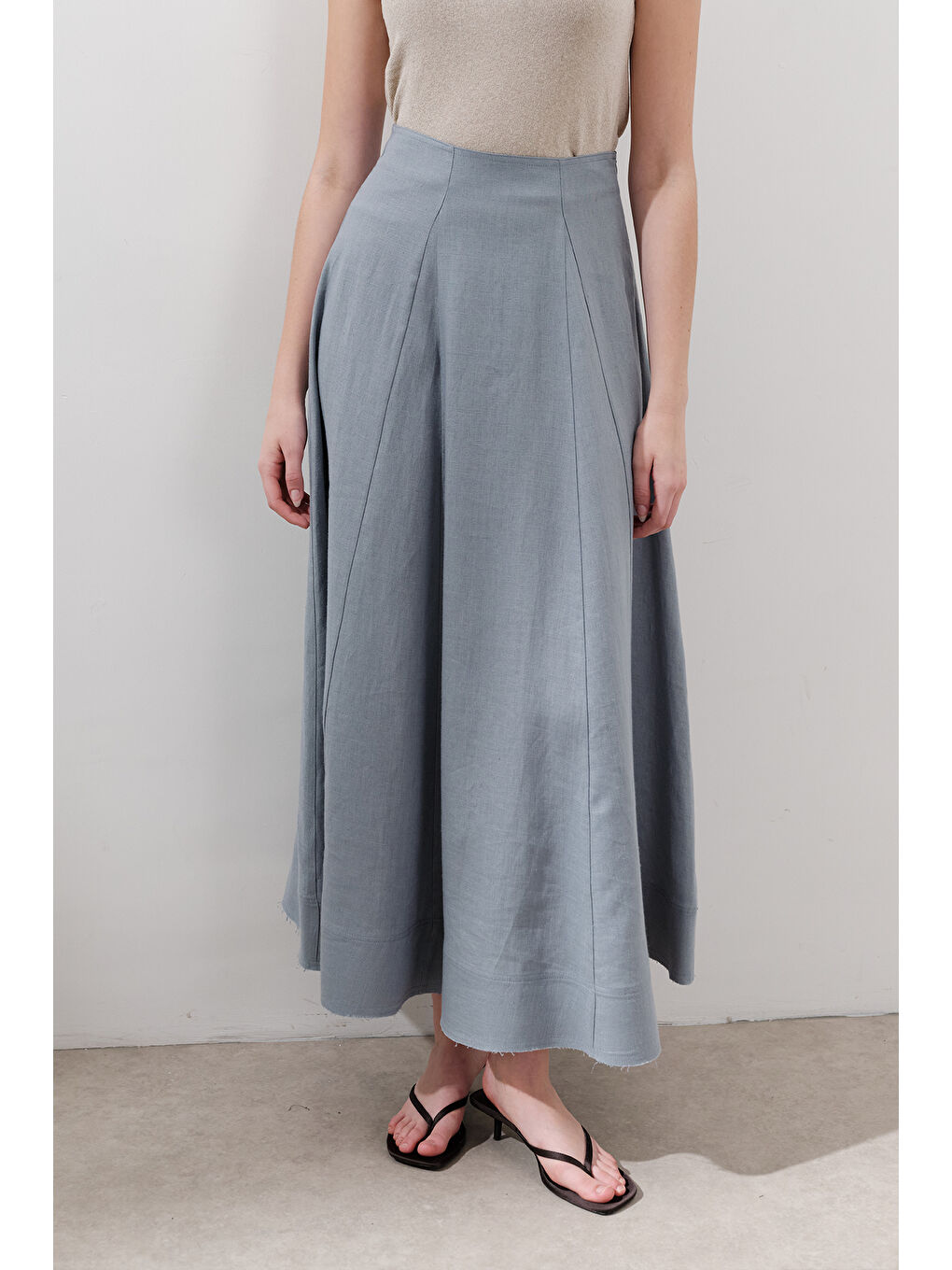 Keten Geniş Parçalı Etek Mavi-4