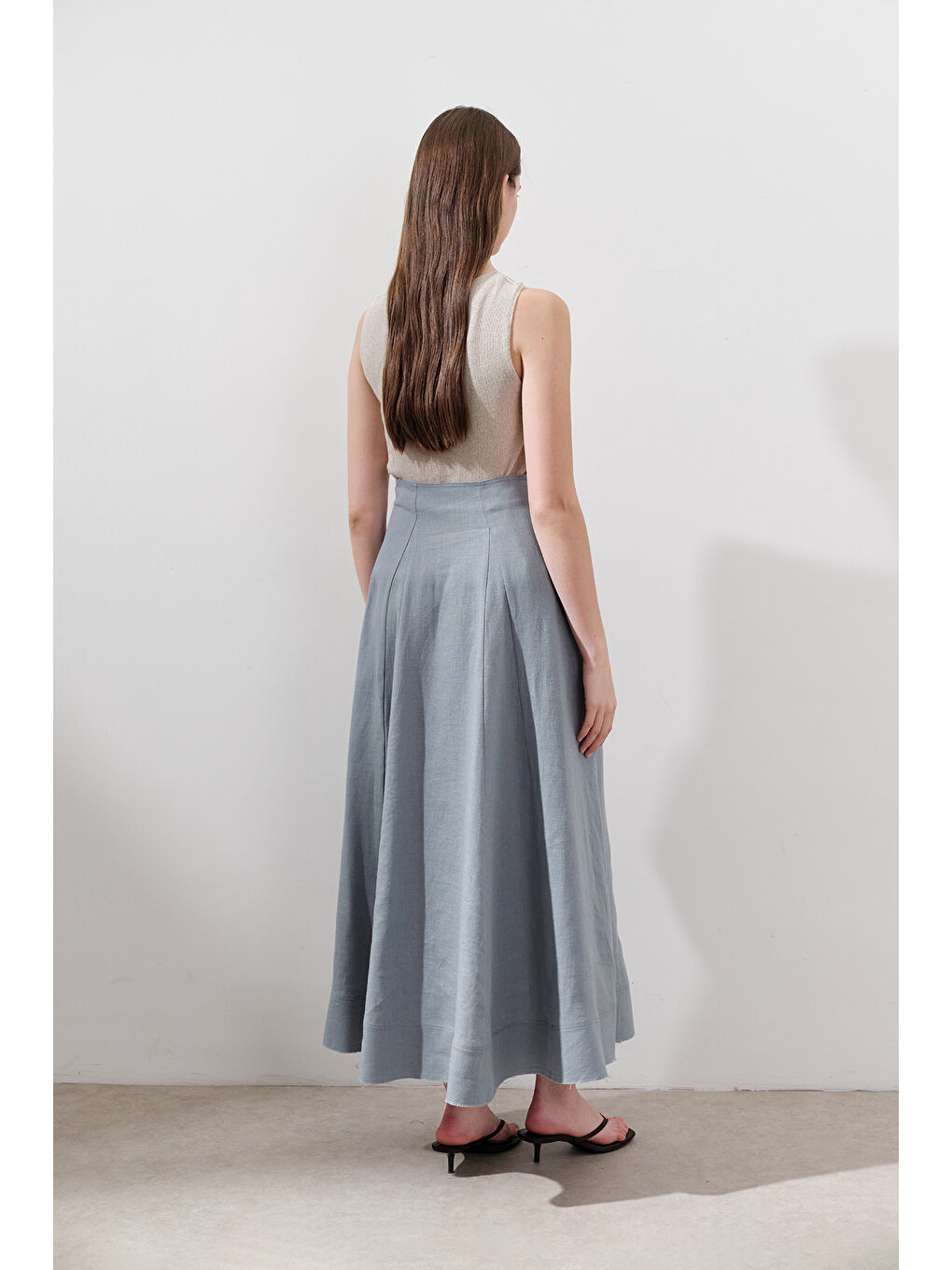 Keten Geniş Parçalı Etek Mavi-6