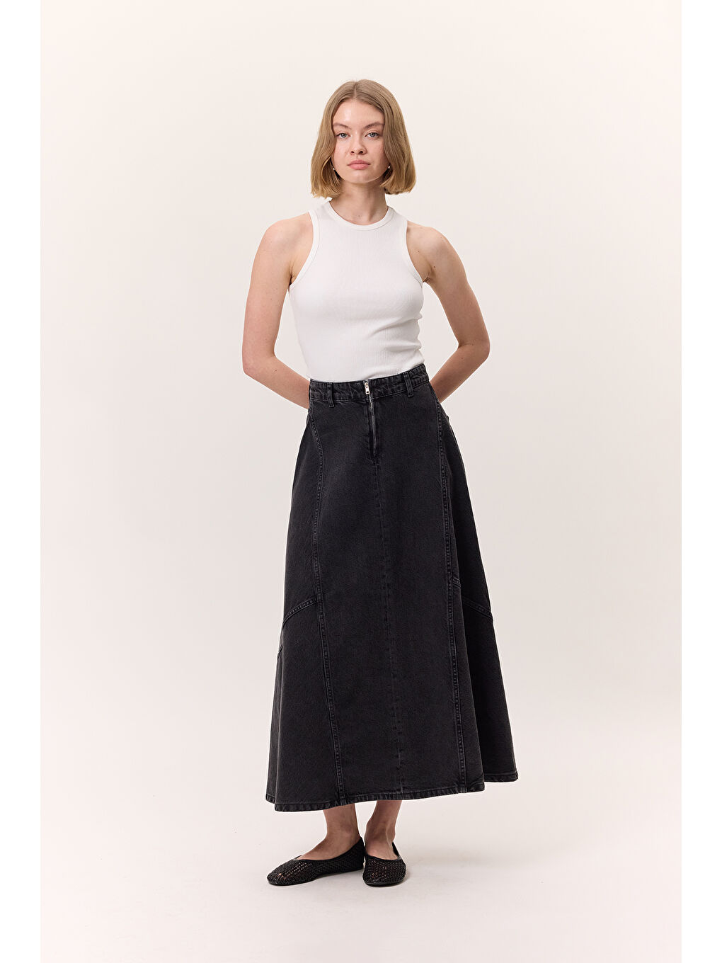 Volanlı Denim Etek Siyah