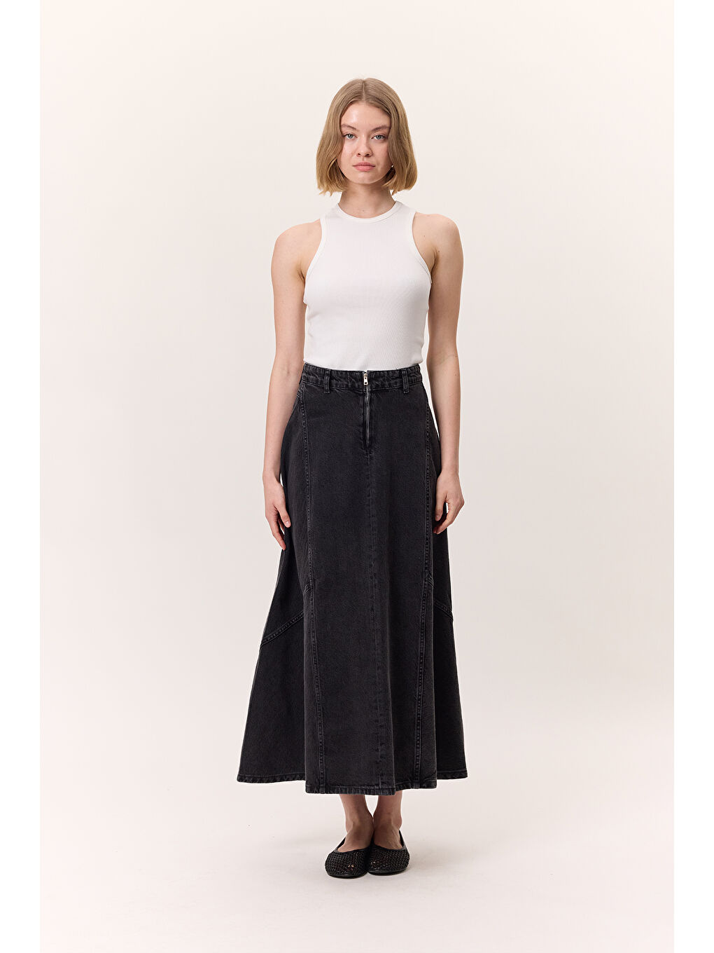 Volanlı Denim Etek Siyah-1