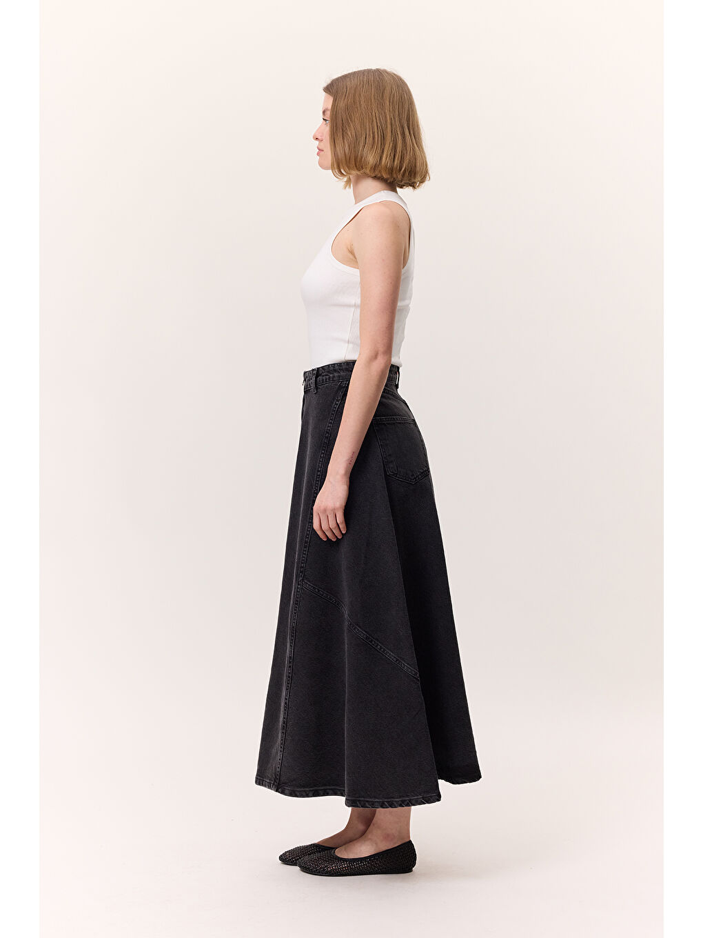 Volanlı Denim Etek Siyah-3