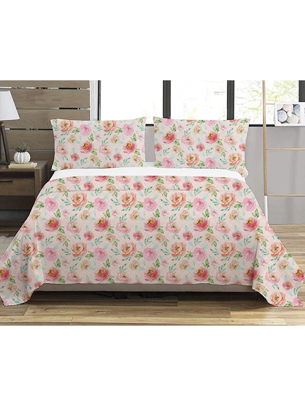 Karışık Çiçek Desen Çift Kişilik Baskılı Pike (200x220 Cm) Pembe
