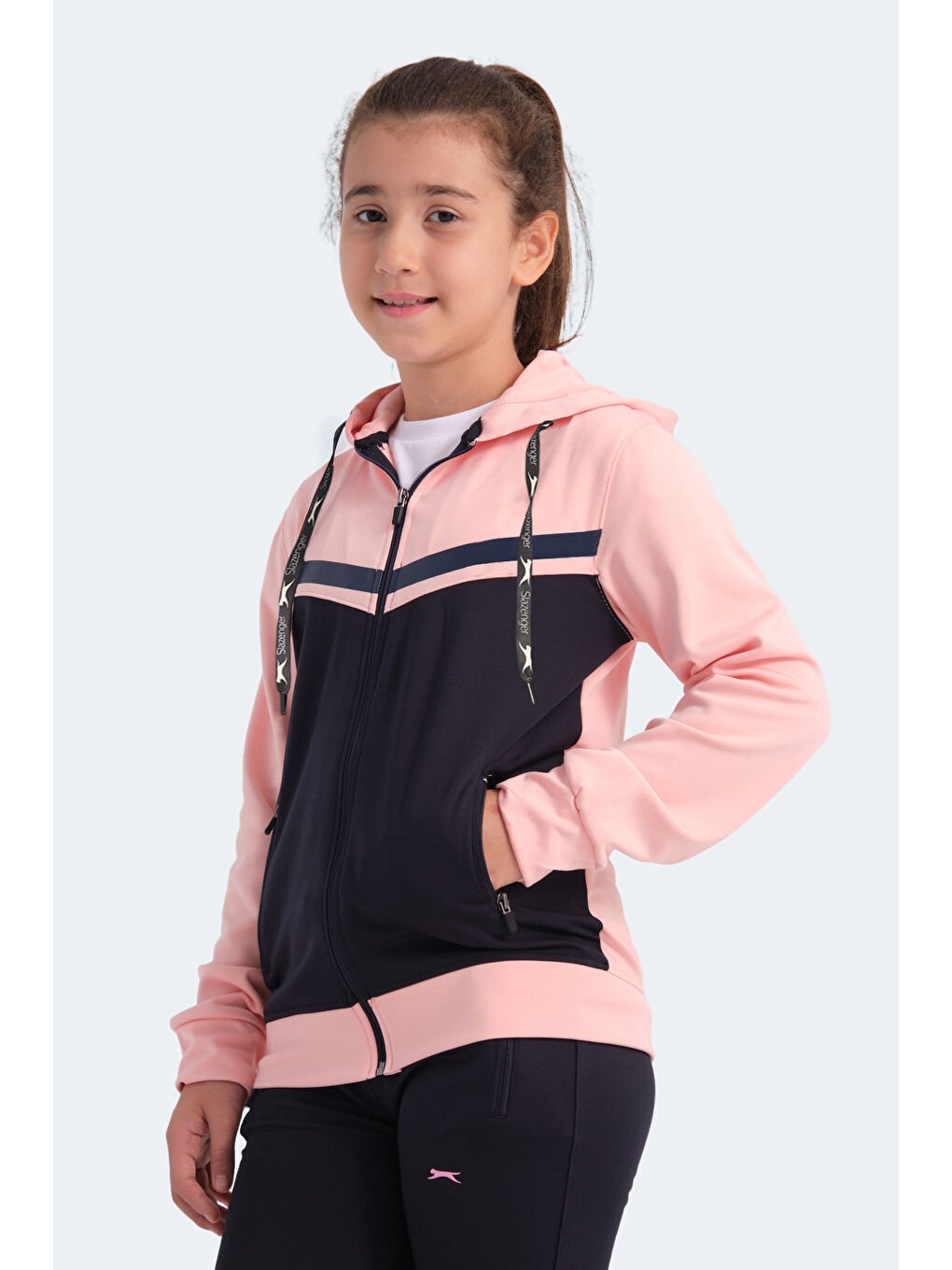 NOON Kız Çocuk Fermuarlı Kapüşonlu Cepli Lacivert / Pembe Eşofman Takımı-4