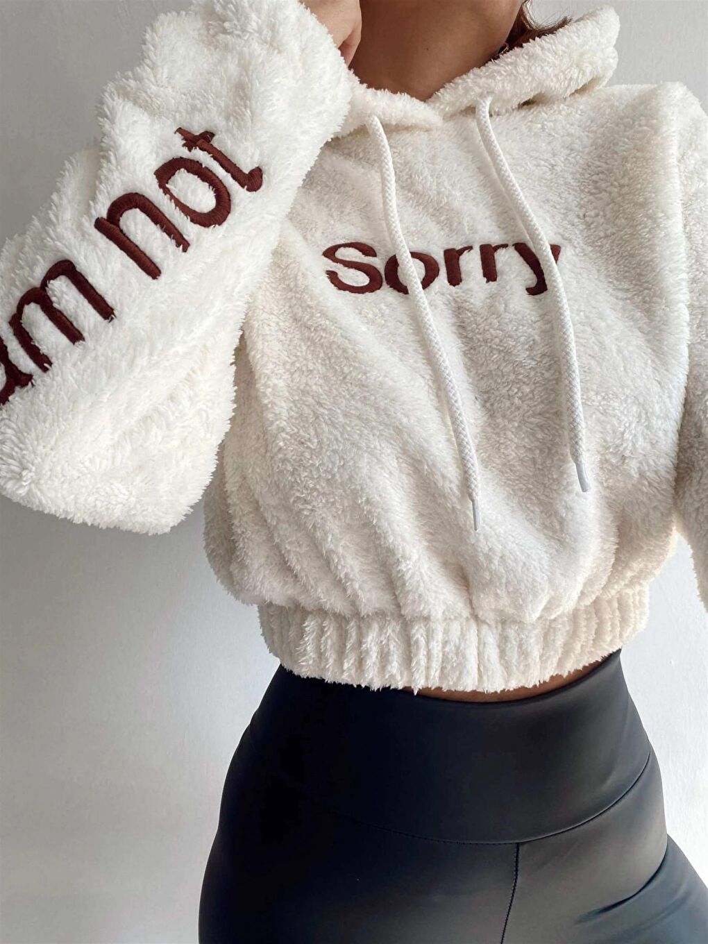 hazelin Beyaz Kadın Beyaz Sorry Baskılı Beli Lastikli Rahat Peluş Sweatshirt HZL23W-BD1553981 - 3