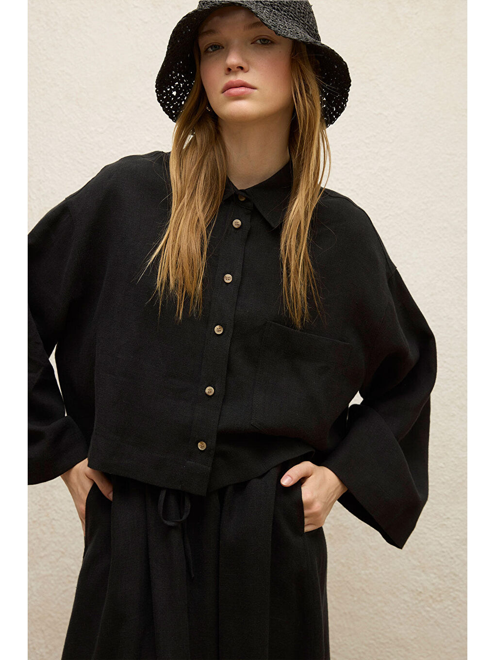 Keten Uzun Kol Crop Gömlek Siyah