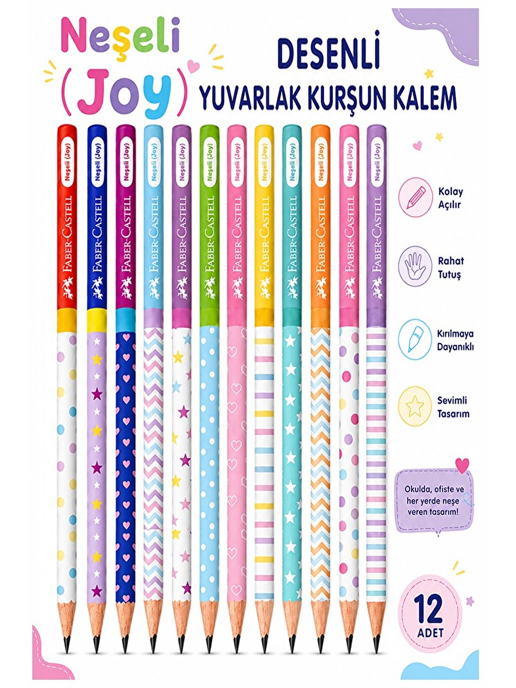 Neşeli Joy Kurşun Kalem 12 Adet Yuvarlak Gövdeli Siyah Kurşun Kalem Yumuşak Yazım