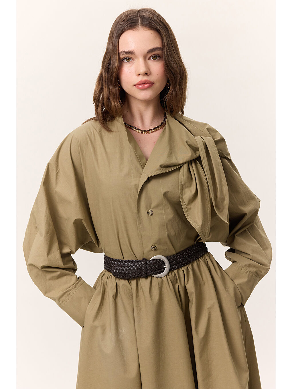 Bağlamalı Detaylı Tasarım Gömlek Haki