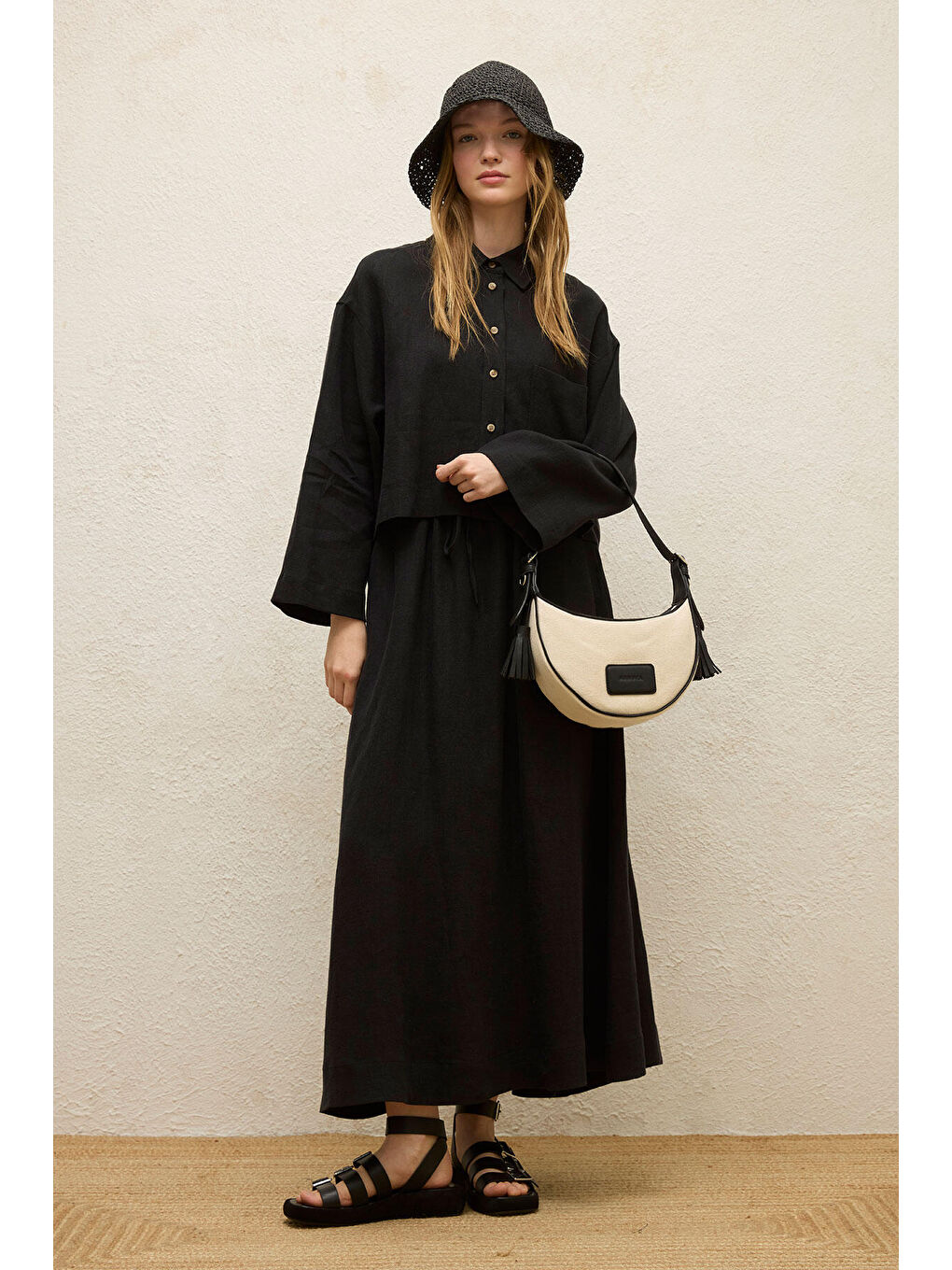 Keten Uzun Kol Crop Gömlek Siyah-1