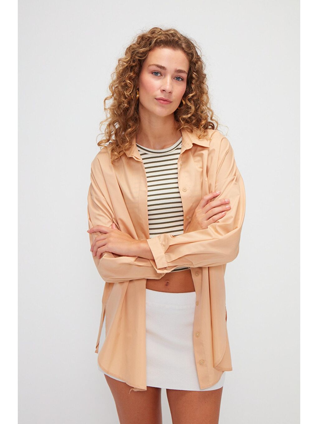 Sarı Düz Uzun Kollu Oversize Poplin Gömlek-1