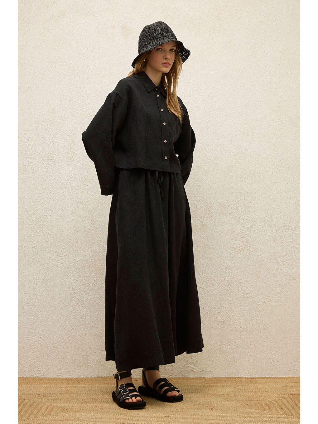 Keten Uzun Kol Crop Gömlek Siyah-3