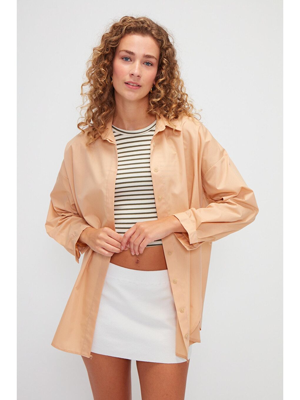 Sarı Düz Uzun Kollu Oversize Poplin Gömlek