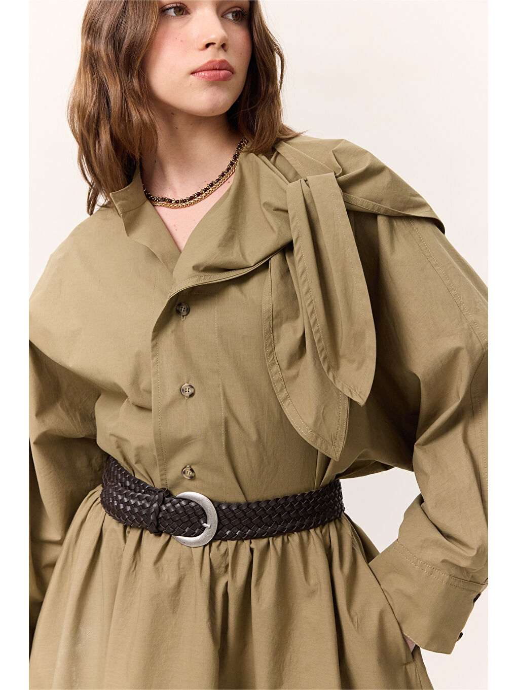 Bağlamalı Detaylı Tasarım Gömlek Haki-2