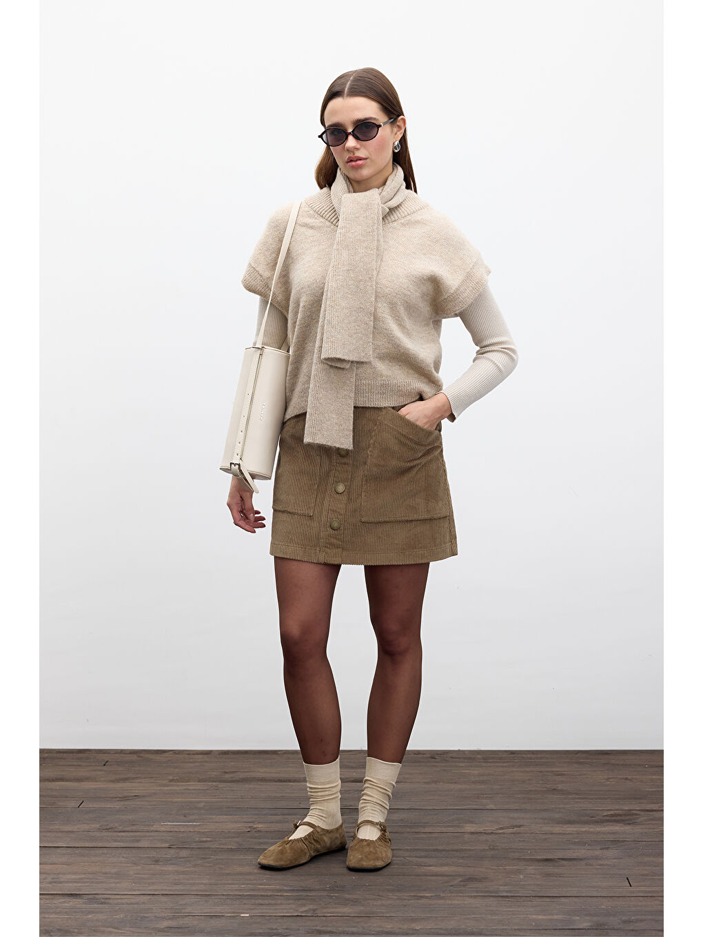 Kahverengi Fitilli Kadife Mini Etek Camel