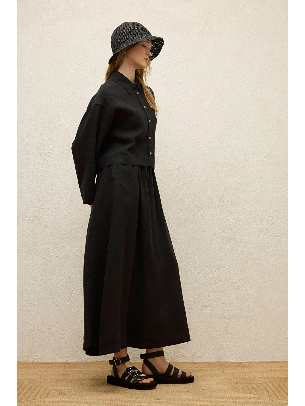 Keten Uzun Kol Crop Gömlek Siyah-5