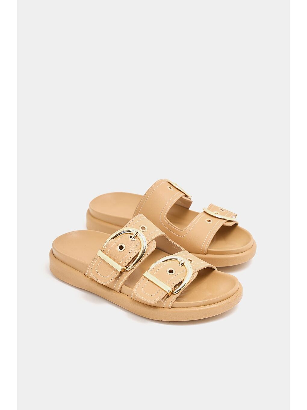 Bej Çift Tokalı Günlük Terlik Vizon-1