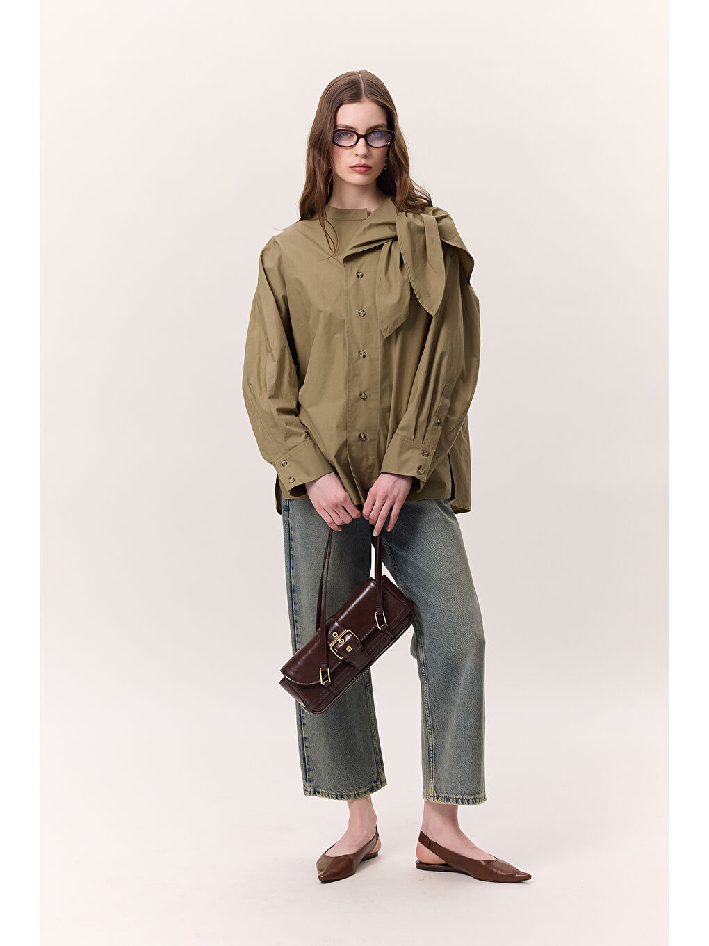 Bağlamalı Detaylı Tasarım Gömlek Haki-3