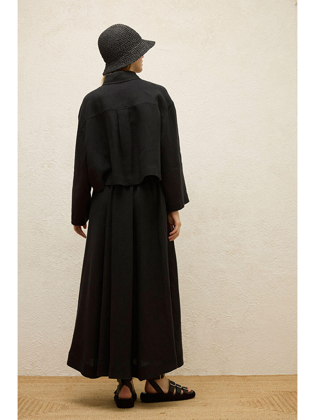 Keten Uzun Kol Crop Gömlek Siyah-7