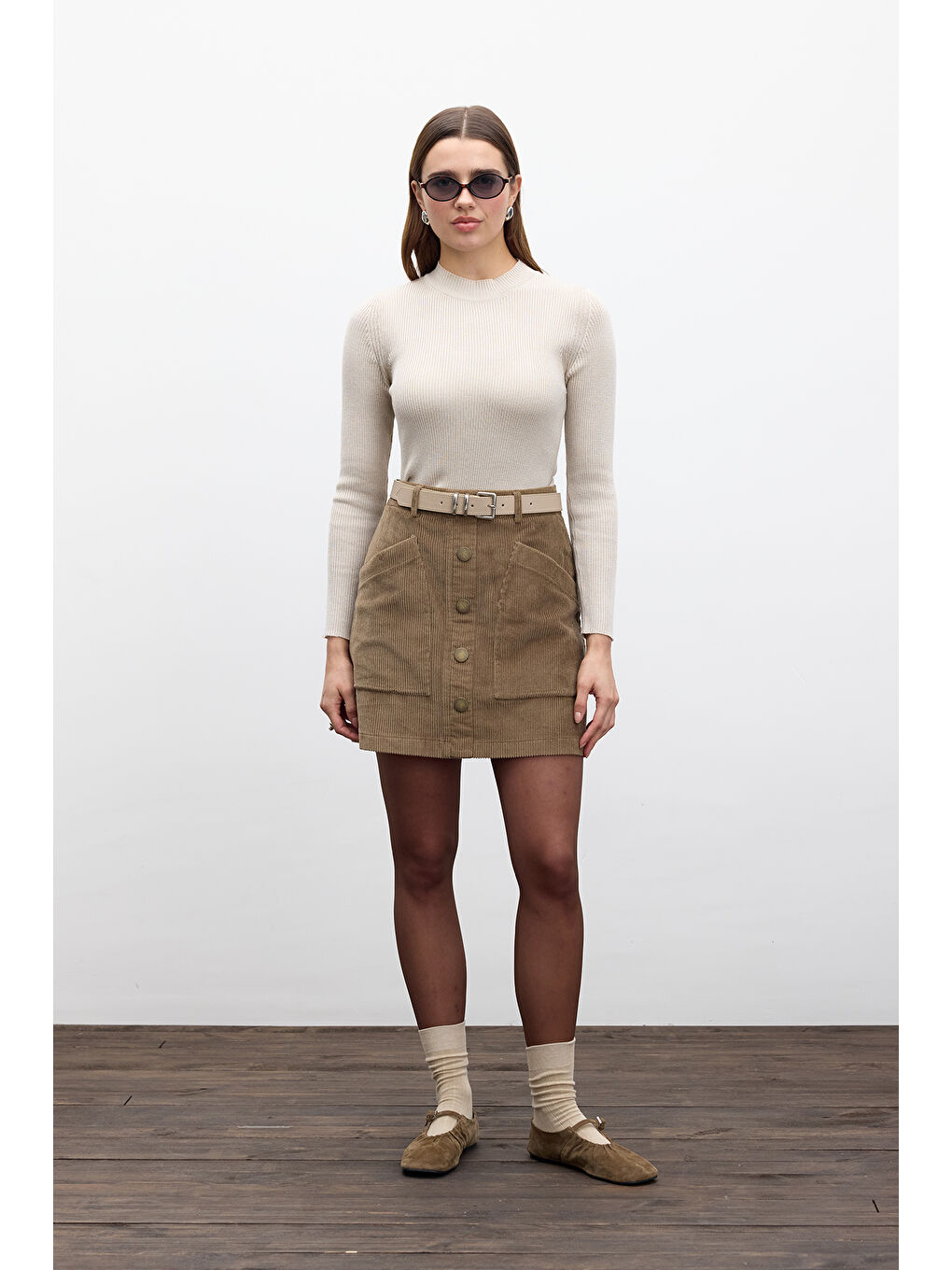 Kahverengi Fitilli Kadife Mini Etek Camel-2