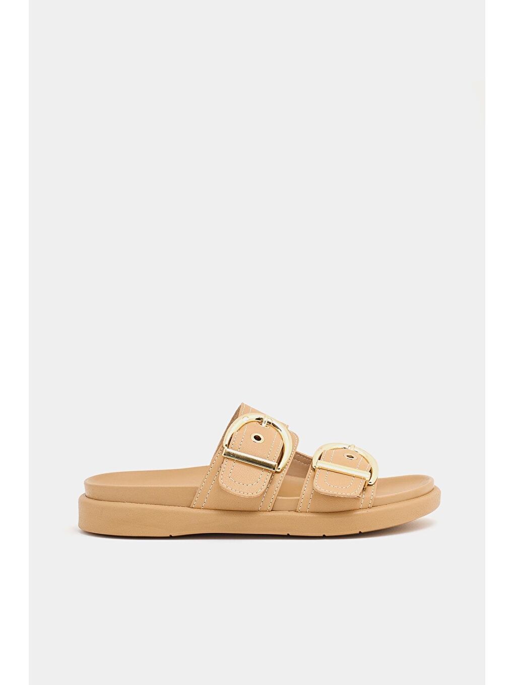 Bej Çift Tokalı Günlük Terlik Vizon-3