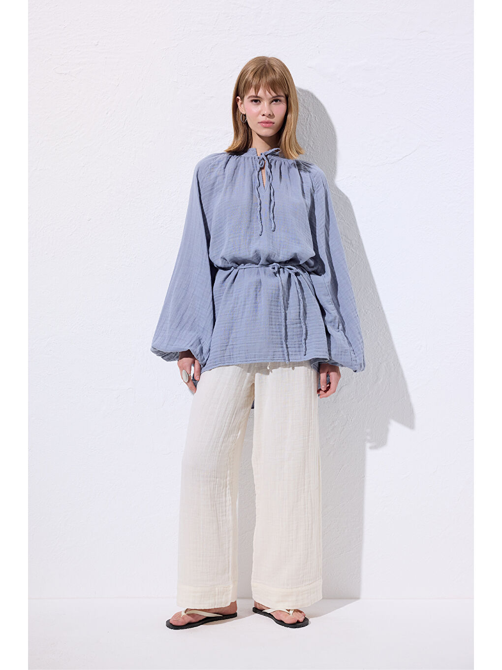 Müslin Bağlamalı Bluz Mavi-1