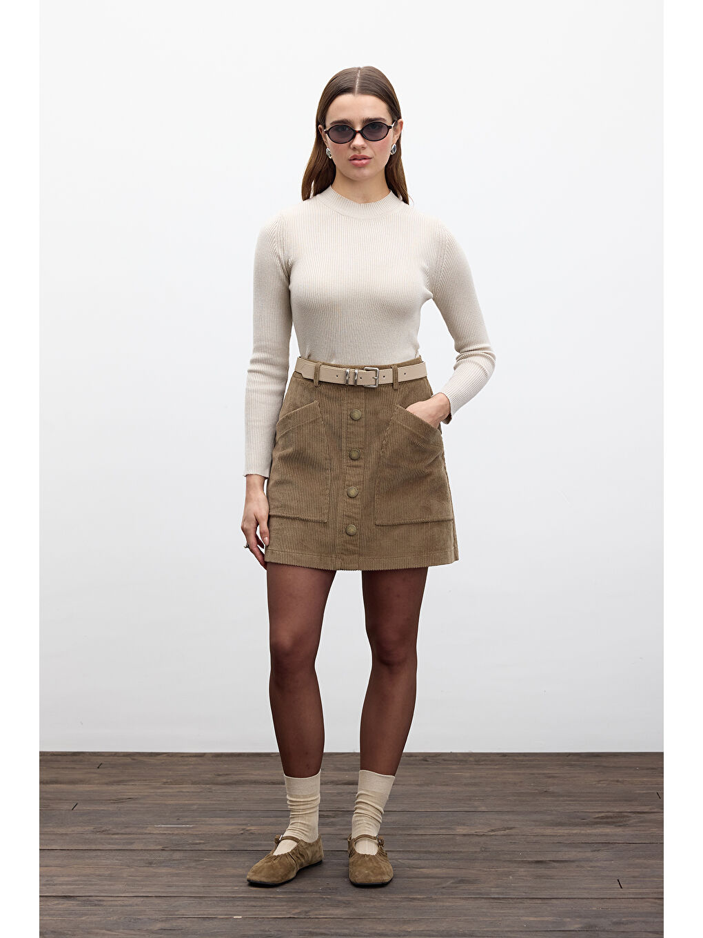 Kahverengi Fitilli Kadife Mini Etek Camel-3