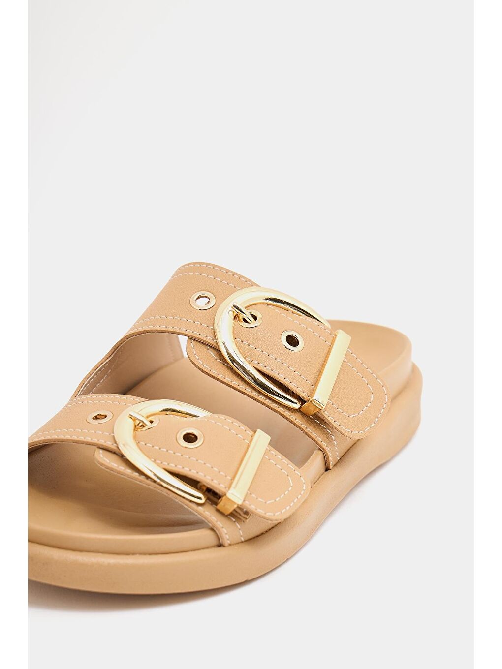 Bej Çift Tokalı Günlük Terlik Vizon-5