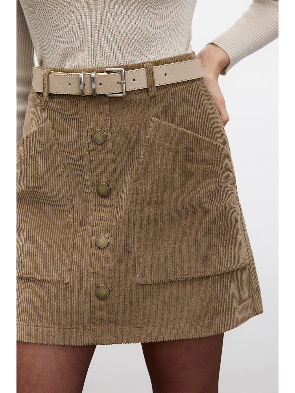 Kahverengi Fitilli Kadife Mini Etek Camel-4