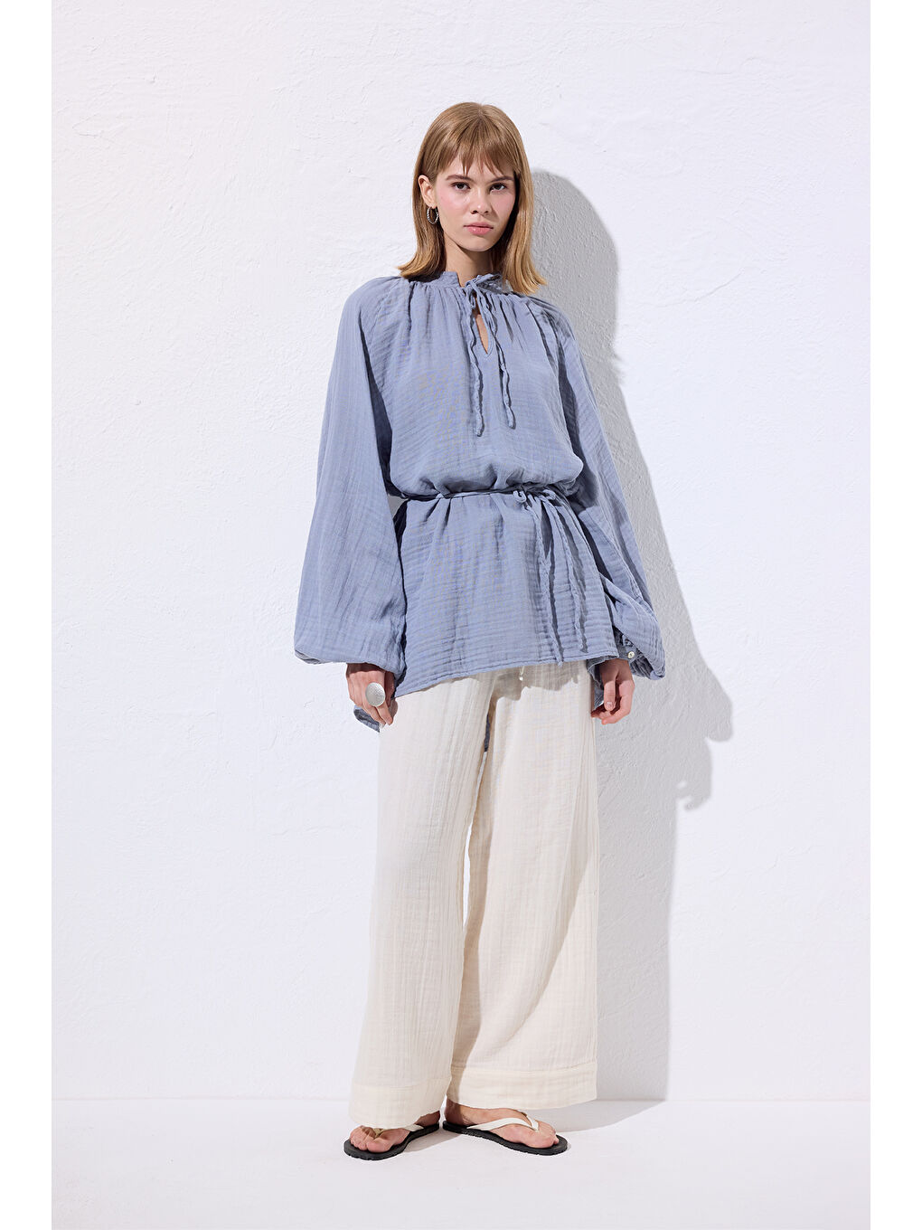 Müslin Bağlamalı Bluz Mavi-2