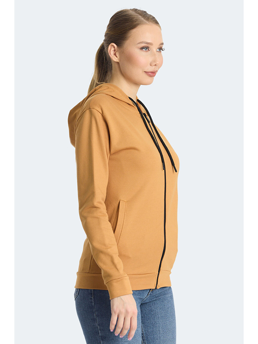 Kahverengi KINET IN Kadın Fermuarlı Kapüşonlu Cepli Kiremit Sweatshırt-3