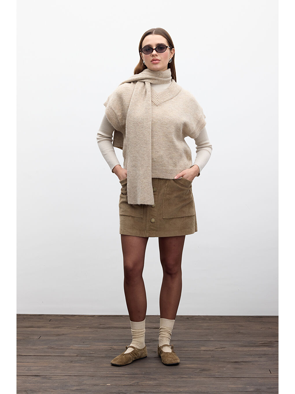 Kahverengi Fitilli Kadife Mini Etek Camel-5