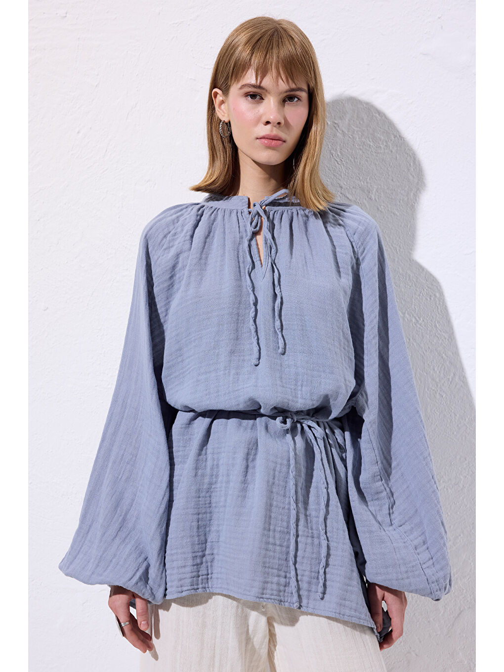 Müslin Bağlamalı Bluz Mavi-3